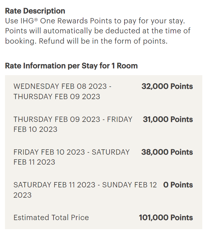 Screenshot showing IHG Rewards free night discount on a four-night stay.