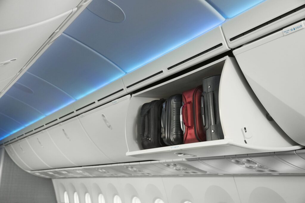 American Airlines carry-on bags in overhead bin
