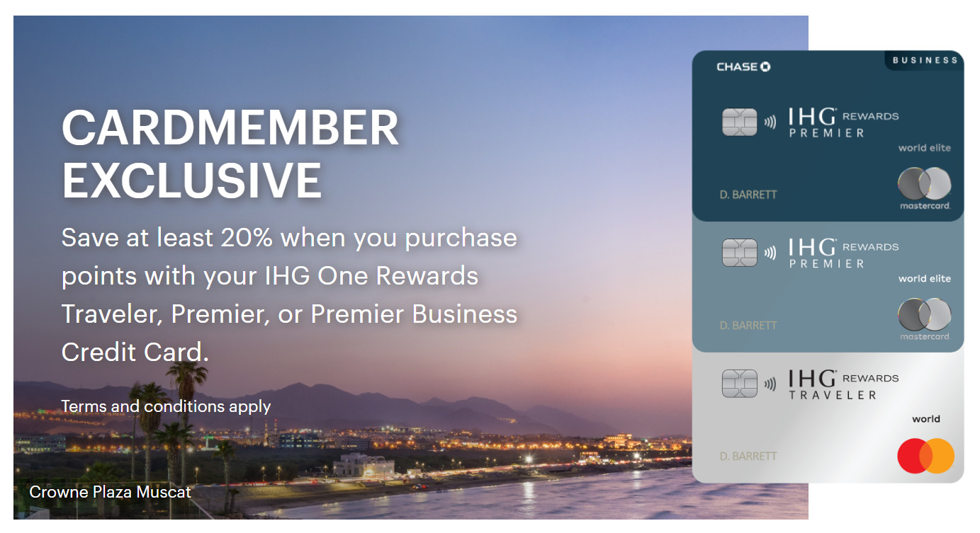Screenshot showing IHG card benefit of 20% discount on purchases of IHG Rewards points.