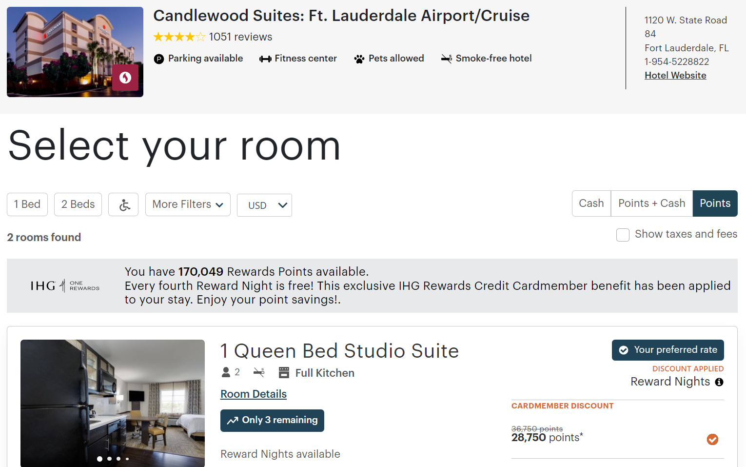 Screenshot showing IHG card discount at a Candlewood Suites property in Fort Lauderdale, Florida.