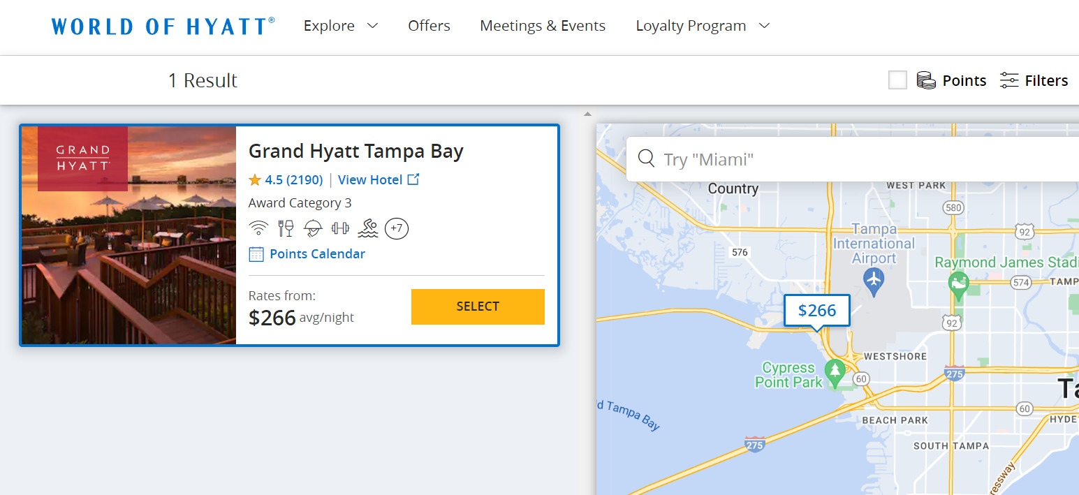 A Hyatt member can redeem a World of Hyatt hotel Category 1-4 free night at Hyatt locations like the Grand Hyatt Tampa Bay.