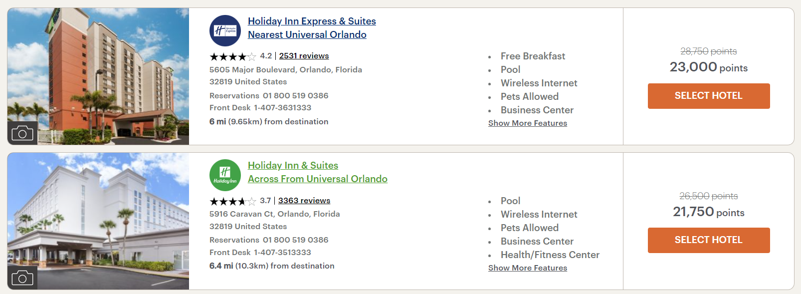 Screenshot showing options to redeem points for Holiday Inn and Holiday Inn Express near Universal Orlando with the IHG credit card free night discount.