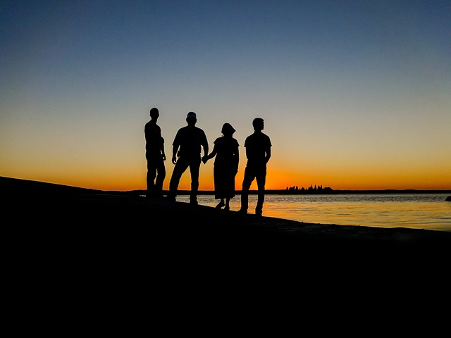 people, silhouettes, sunset