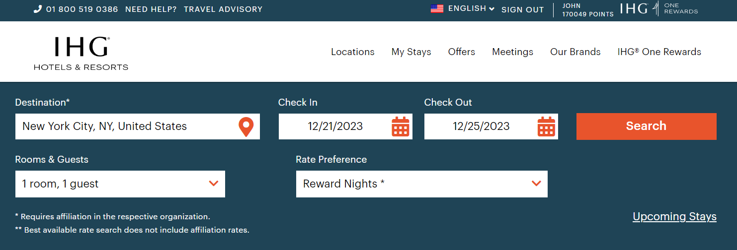 Screenshot showing how to search for IHG rewards nights on the IHG homepage.